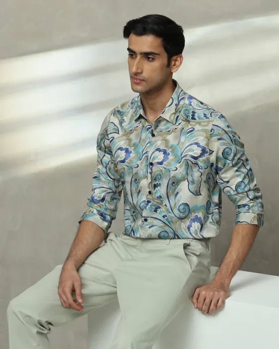 MUFTI Teal Leaf Print Slim Fit Casual Shirt