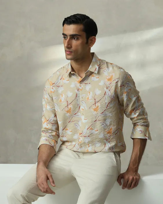 MUFTI Beige Floral Print Slim Fit Casual Shirt