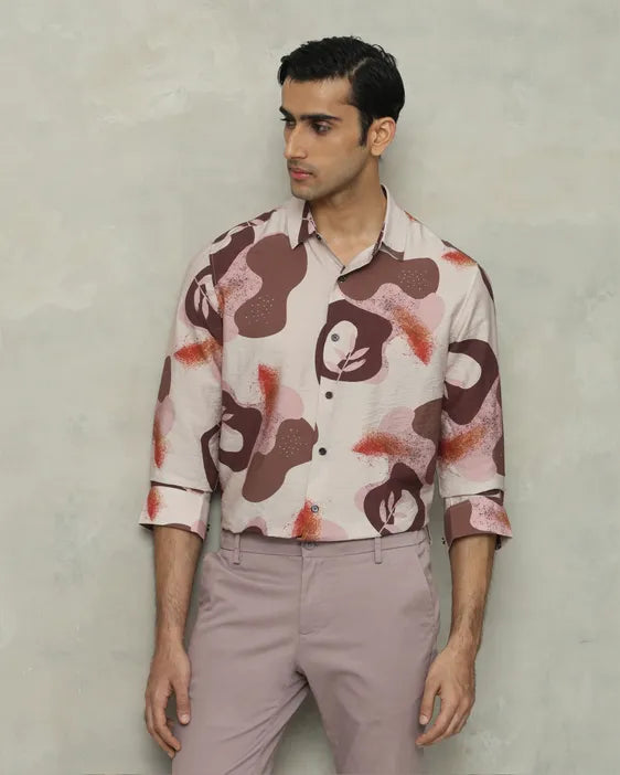 MUFTI Brown Leaf Print Slim Fit Casual Shirt
