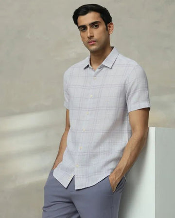 MUFTI Lilac Square Check Slim Fit Casual Shirt
