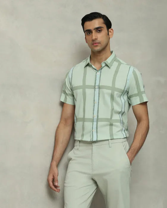 MUFTI Light Green Large Check Slim Fit Casual Shirt