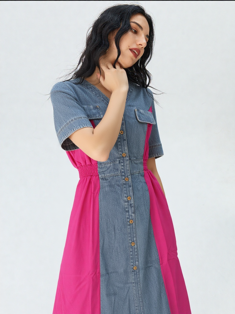 Women's Denim & Colorblock Button-Down Tunic