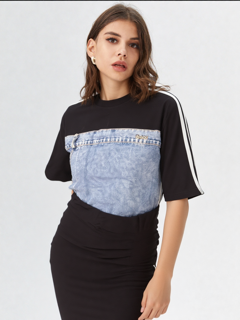 Women's Black Bodycon Dress with Denim Chest Panel