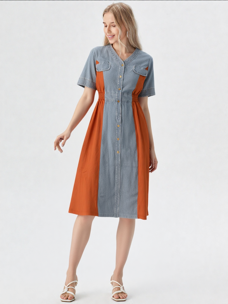Women's Denim & Colorblock Button-Down Tunic