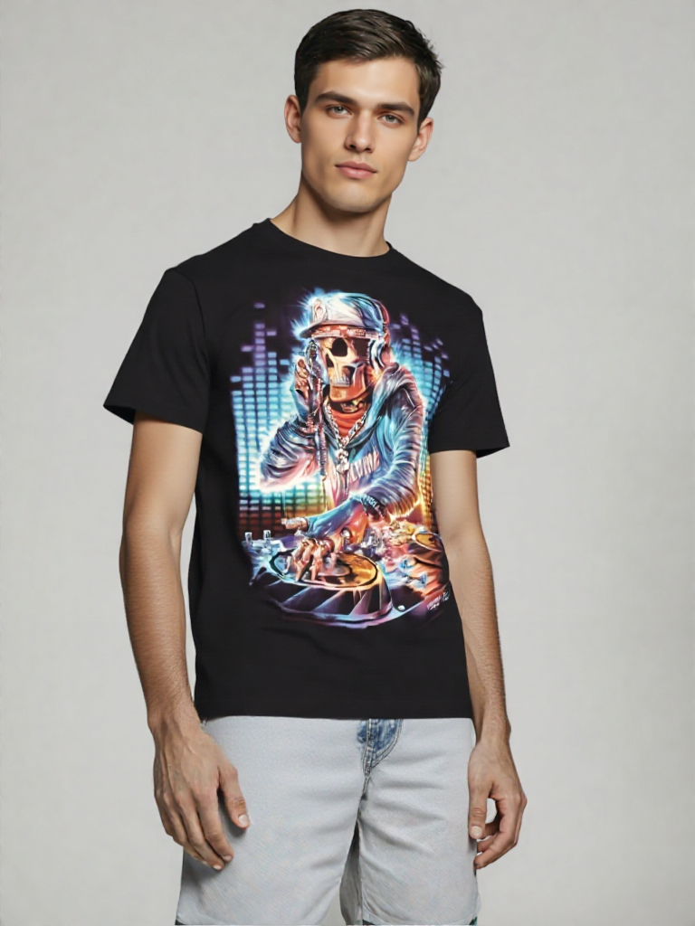 Men DJ From the Grave – Neon Skull Party T-Shirt