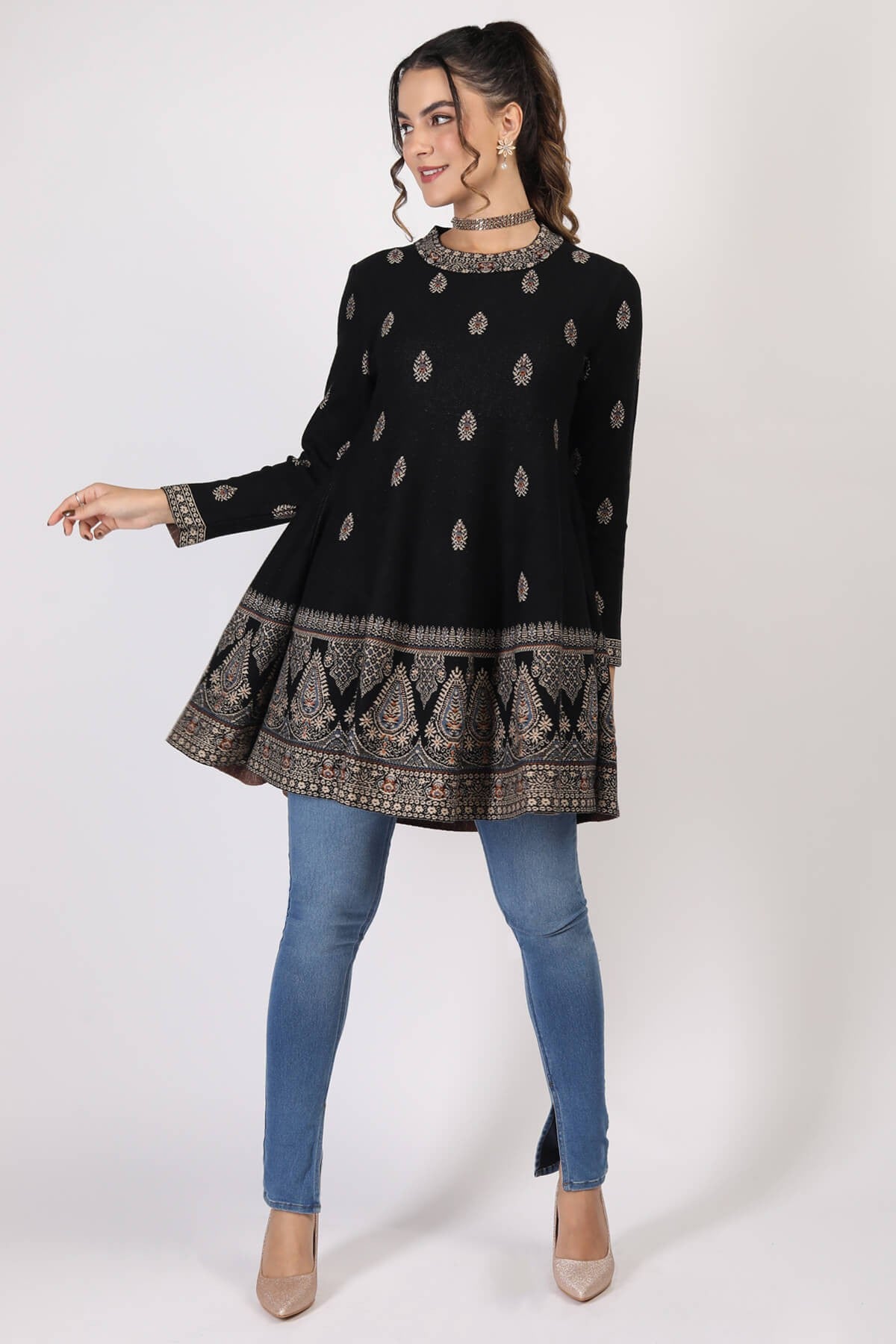 RAGE FIT AND FLARED ETHENIC JACQUARD TUNIC