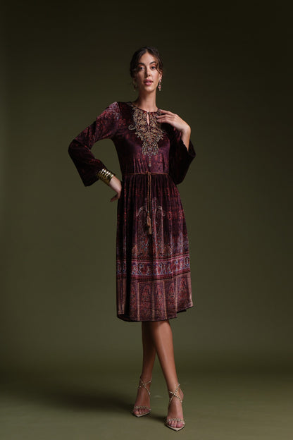 RAGE printed velvet maxi- layered dress with aari embroidery.