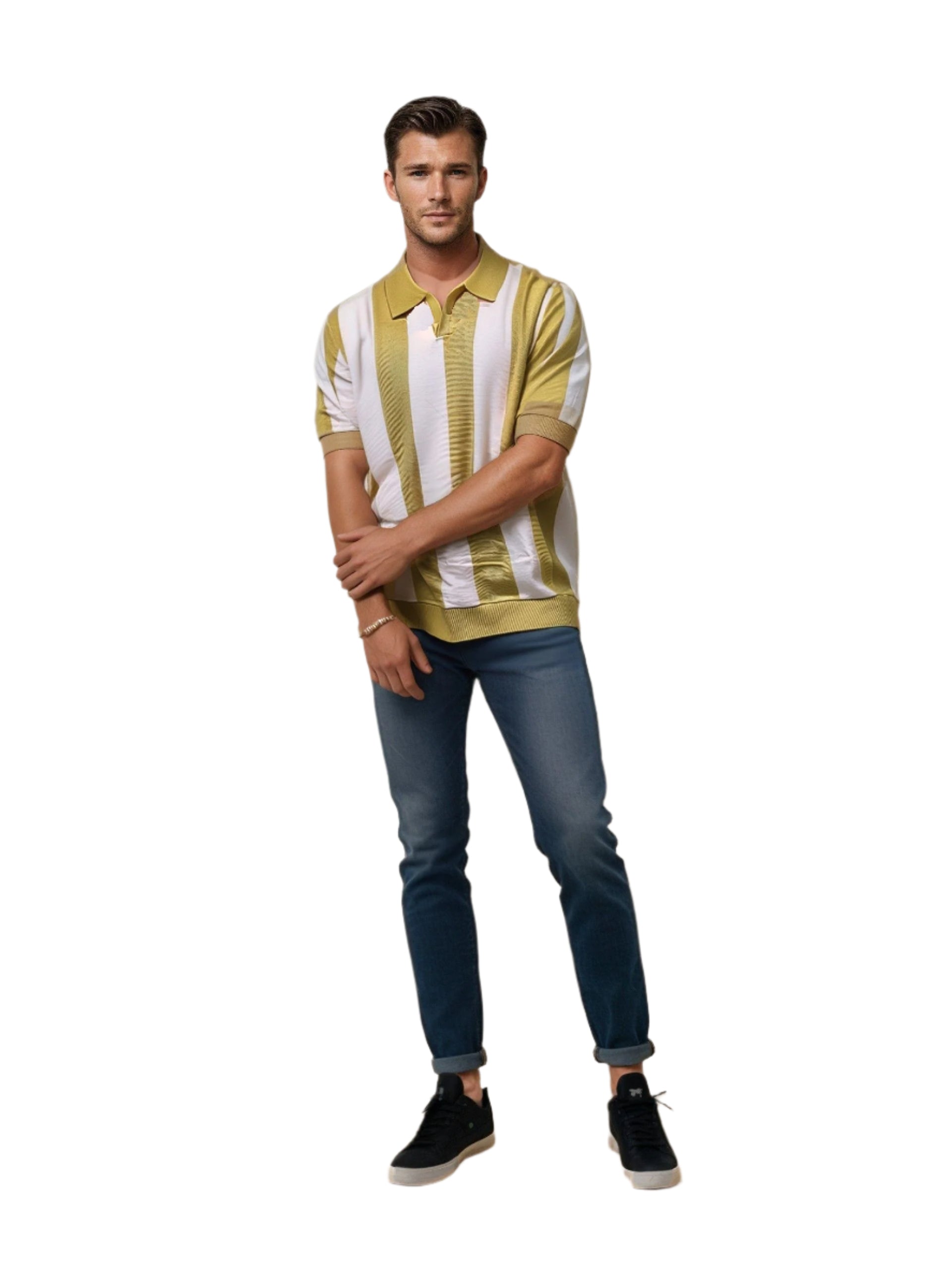 Men's  Retro Striped Knit Polo T-Shirt – Urban Streetwear Vibe