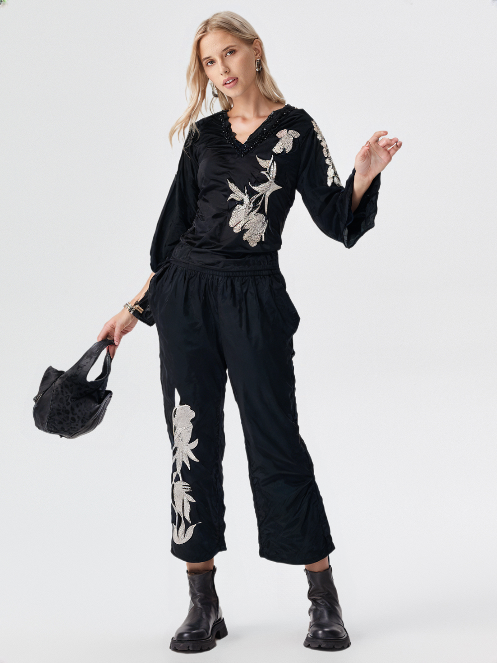 Women's Elegant Floral Embroidered Black Co-Ord Set