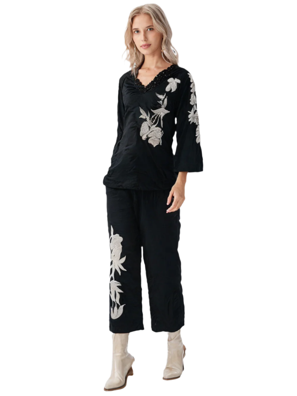 Women's Elegant Floral Embroidered Black Co-Ord Set