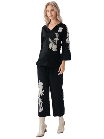 Women's Elegant Floral Embroidered Black Co-Ord Set