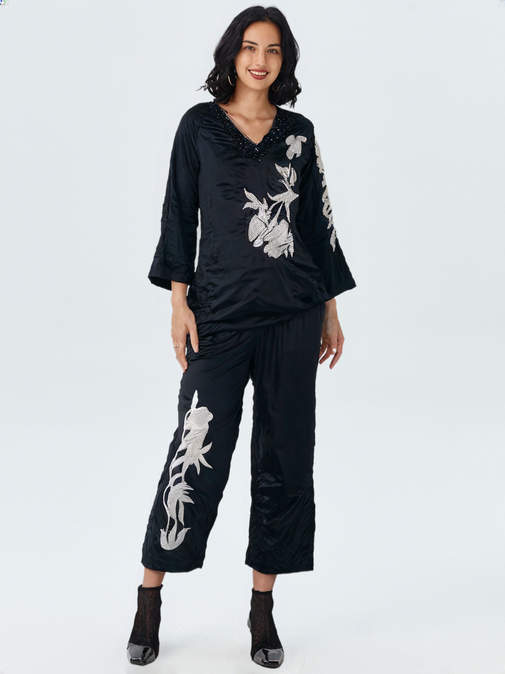 Women's Elegant Floral Embroidered Black Co-Ord Set