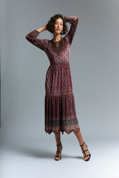 RAGE printed velvet maxi- layered dress with hand embellishment.