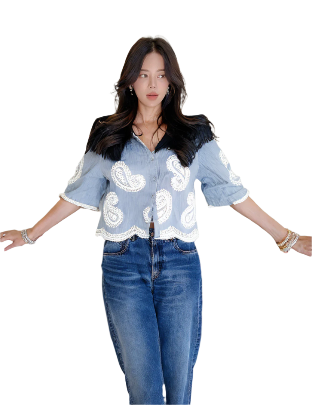 Women's button-up shirt showcases a relaxed fit