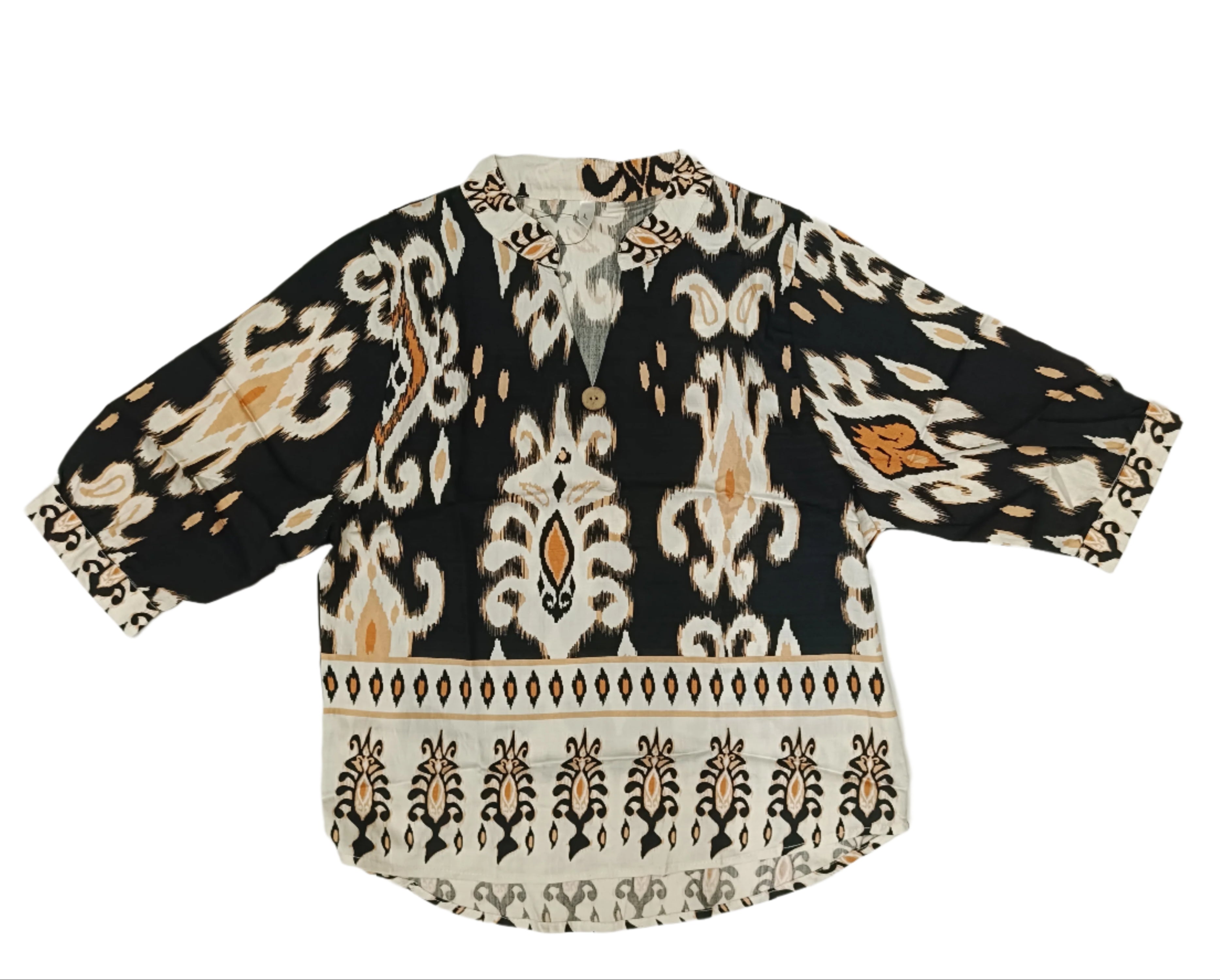 Women's Patterned V-neck Top with Floral and Geometric Design