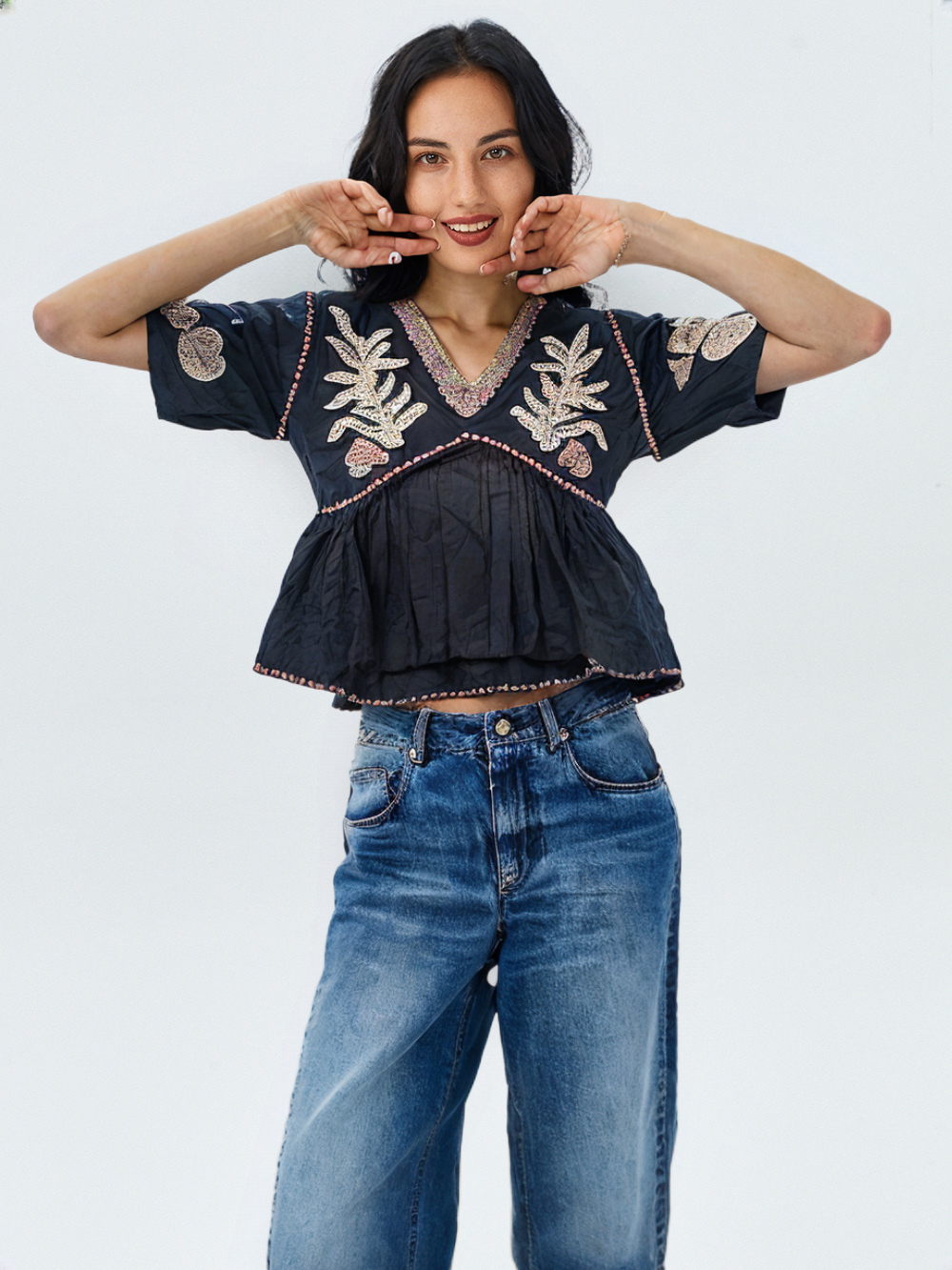 Women's Embroidered V-Neck Top