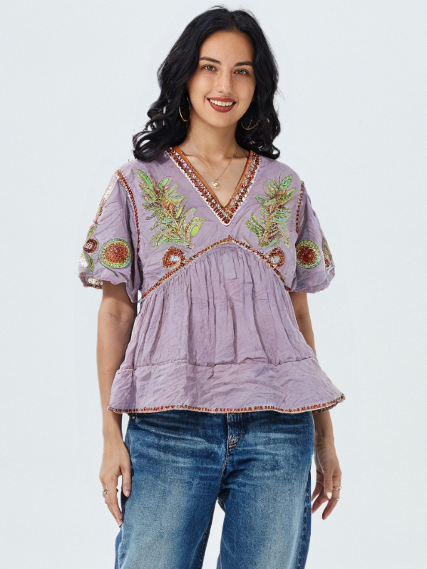 Women's Embroidered V-Neck Top