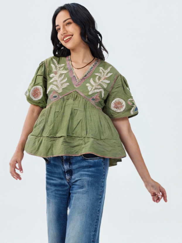 Women's Embroidered V-Neck Top