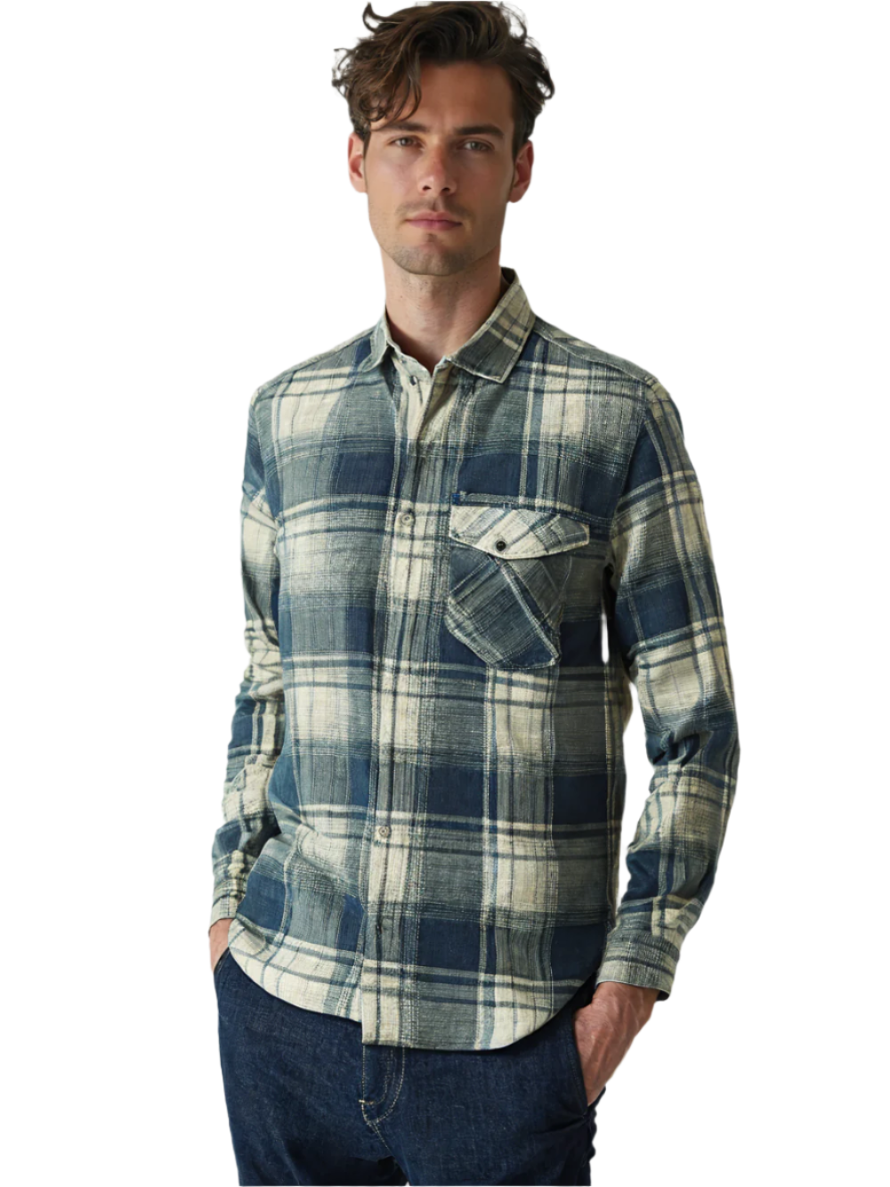 RIVER BLUE Men's Sky Fade Checks – Brushed Cotton Casual Shirt – Mask
