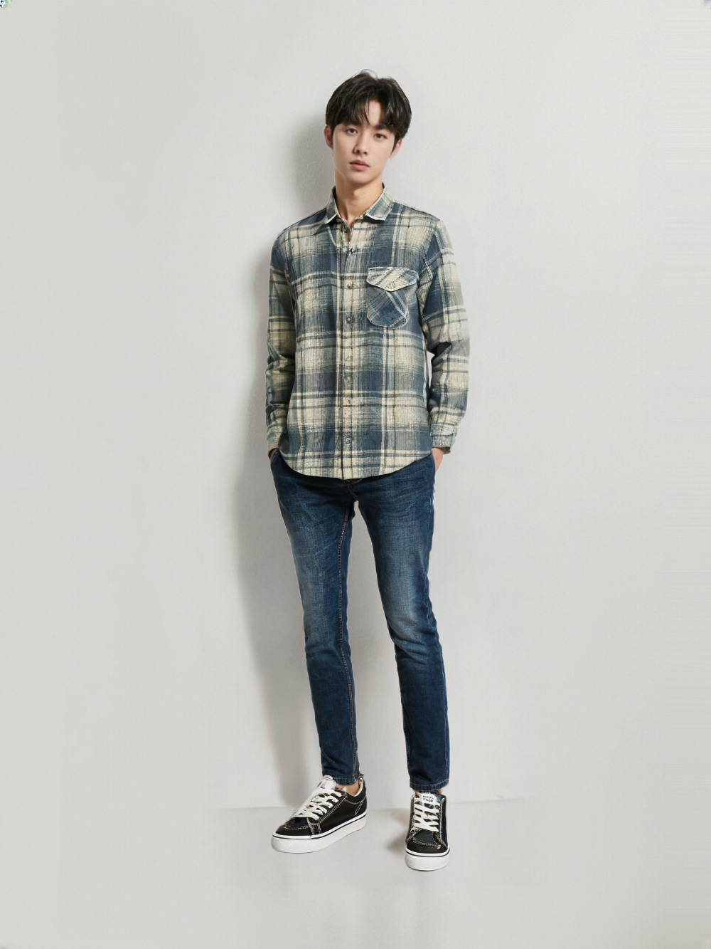 RIVER BLUE Men's Sky Fade Checks – Brushed Cotton Casual Shirt – Mask