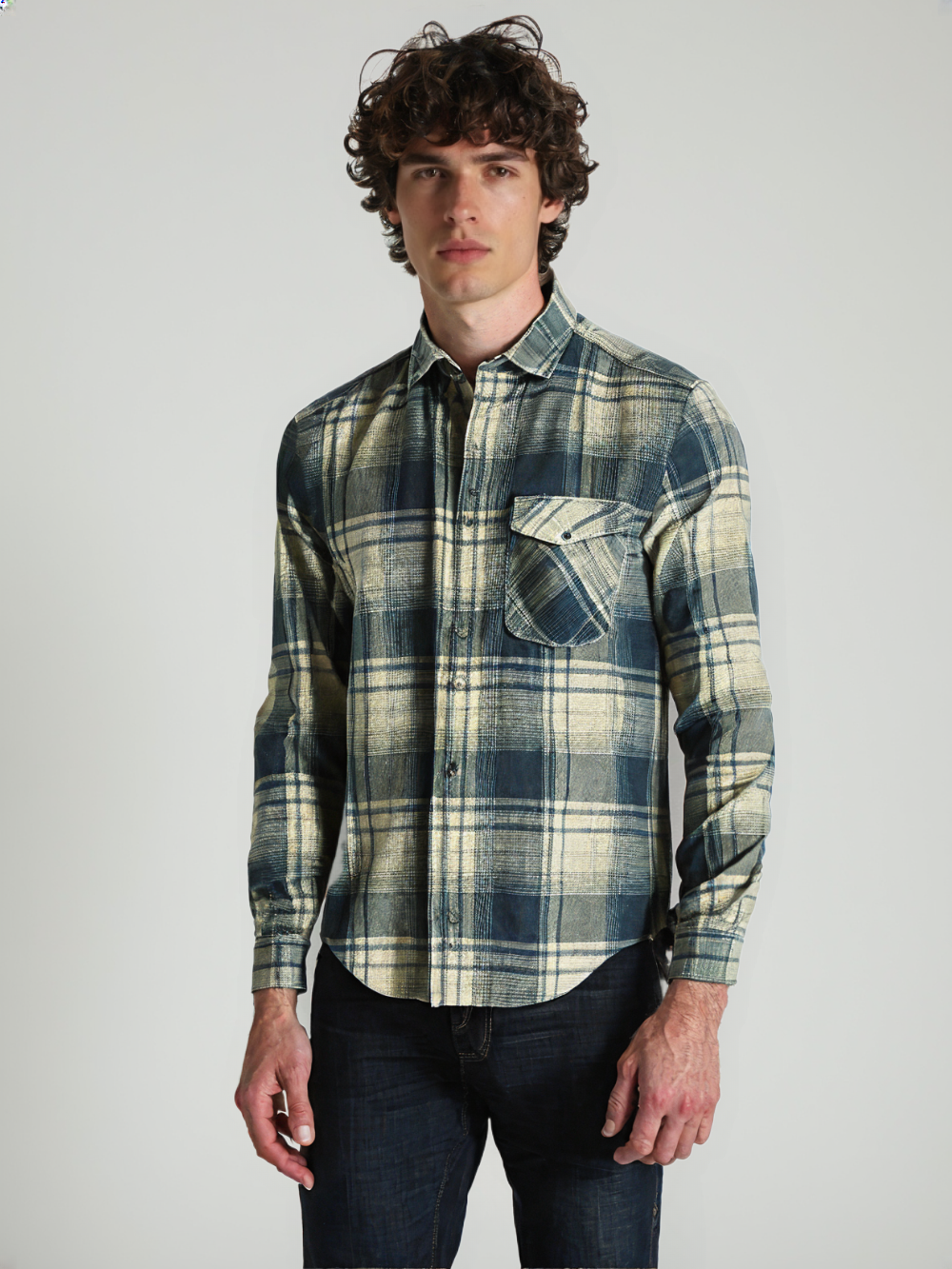 RIVER BLUE Men's Sky Fade Checks – Brushed Cotton Casual Shirt
