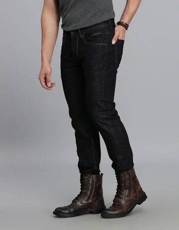 ROOKIES Men's Dk Blue 5 Pocket Mid-Rise Slim Straight Fit Jeans