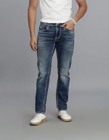 ROOKIES Men's Med Blue 5 Pocket Mid-Rise Slim Straight Fit Jeans