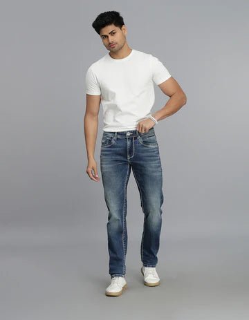 ROOKIES Men's Med Blue 5 Pocket Mid-Rise Slim Straight Fit Jeans