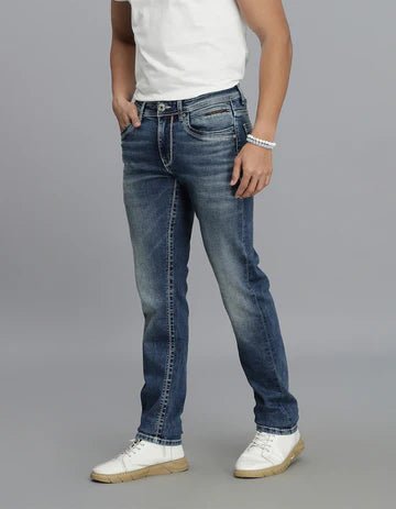 ROOKIES Men's Med Blue 5 Pocket Mid-Rise Slim Straight Fit Jeans
