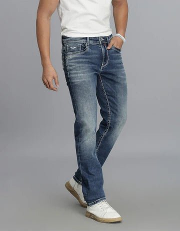 ROOKIES Men's Med Blue 5 Pocket Mid-Rise Slim Straight Fit Jeans