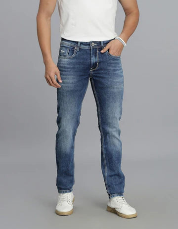 ROOKIES Men's Med Blue 5 Pocket Mid-Rise Slim Straight Fit Jeans
