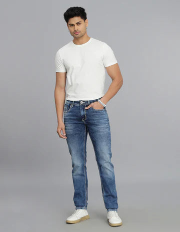 ROOKIES Men's Med Blue 5 Pocket Mid-Rise Slim Straight Fit Jeans