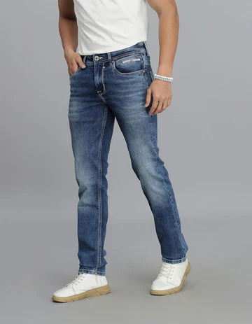 ROOKIES Men's Med Blue 5 Pocket Mid-Rise Slim Straight Fit Jeans