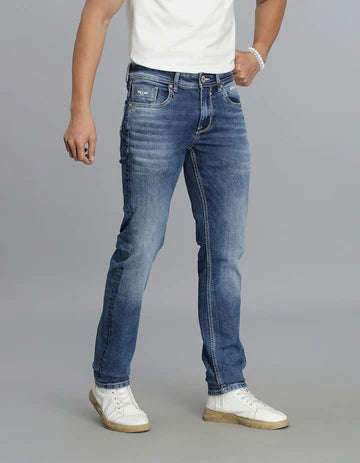 ROOKIES Men's Med Blue 5 Pocket Mid-Rise Slim Straight Fit Jeans