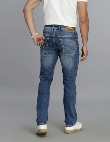 ROOKIES Men's Med Blue 5 Pocket Mid-Rise Slim Straight Fit Jeans