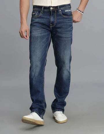 ROOKIES Men's Med Blue 5 Pocket Mid-Rise Slim Straight Fit Jeans