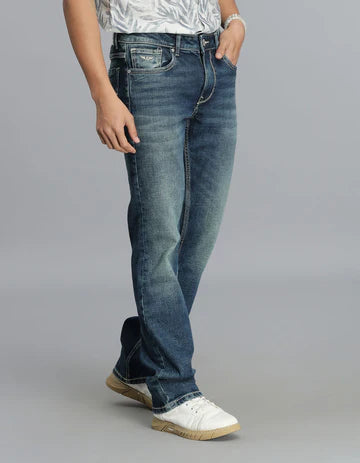 ROOKIES Men's Med Blue 5 Pocket Mid Rise Loose Boot Leg Jeans