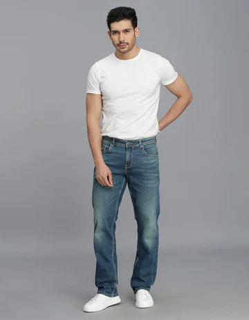 ROOKIES Men's Med Blue 5 Pocket Midrise, Comfort And Straight Fit Jeans
