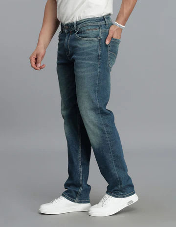 ROOKIES Men's Med Blue 5 Pocket Midrise, Comfort And Straight Fit Jeans