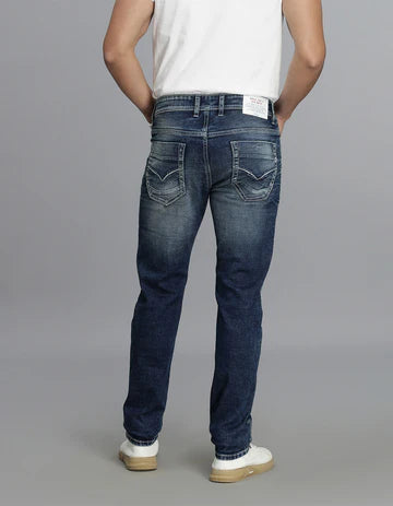 Med Blue 5 Pocket Mid-Rise Slim Straight Fit Jeans