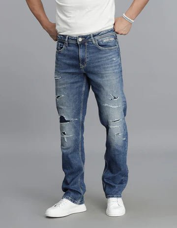 ROOKIES Men's Med Blue 5 Pocket Midrise, Comfort And Straight Fit Jeans