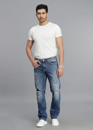 ROOKIES Men's Med Blue 5 Pocket Midrise, Comfort And Straight Fit Jeans