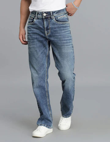 Med Blue 5 Pocket Mid Rise Loose Boot Leg Cropped Jeans