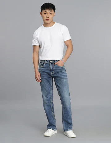 Med Blue 5 Pocket Mid Rise Loose Boot Leg Cropped Jeans