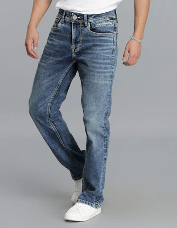 Med Blue 5 Pocket Mid Rise Loose Boot Leg Cropped Jeans