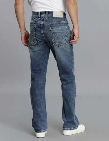 Med Blue 5 Pocket Mid Rise Loose Boot Leg Cropped Jeans