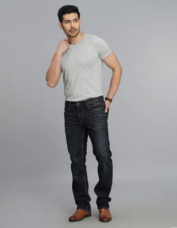 ROOKIES Men's Dk Blue 5 Pocket Mid Rise Loose Boot Leg jeans