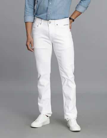 ROOKIES Men's White 5 Pocket Mid-Rise Slim Straight Fit Jeans