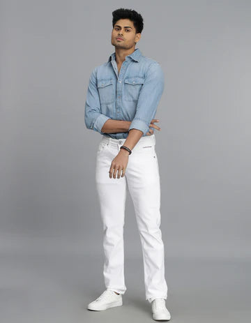 ROOKIES Men's White 5 Pocket Mid-Rise Slim Straight Fit Jeans