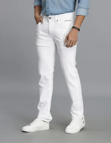 ROOKIES Men's White 5 Pocket Mid-Rise Slim Straight Fit Jeans